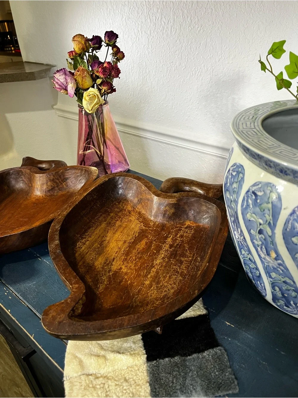 Vintage Hand-Carved Wooden Apple 🍎 Bowl with Sword 🗡️